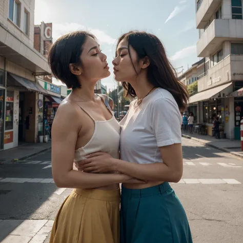 a Thai woman short-hair and another woman very long-hair they both look different it is kissing with love, big LGBTQ+ flag flutters in the wind, dynamic relative emotion, public city background. natural day lighting, flare, dynamic pose. vivid depiction. S...