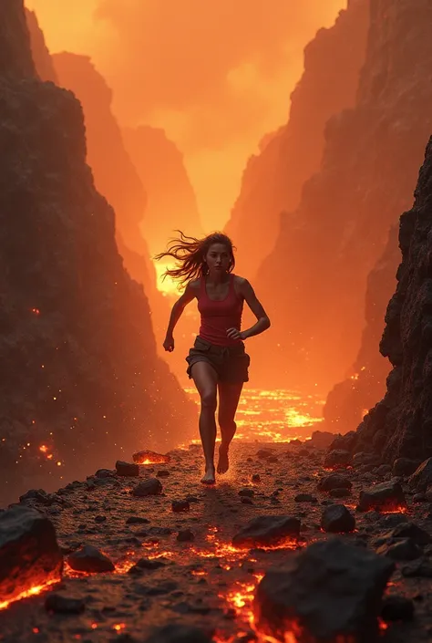 Young woman barefoot runs through stone bridge collapsed behind her above lava lake
