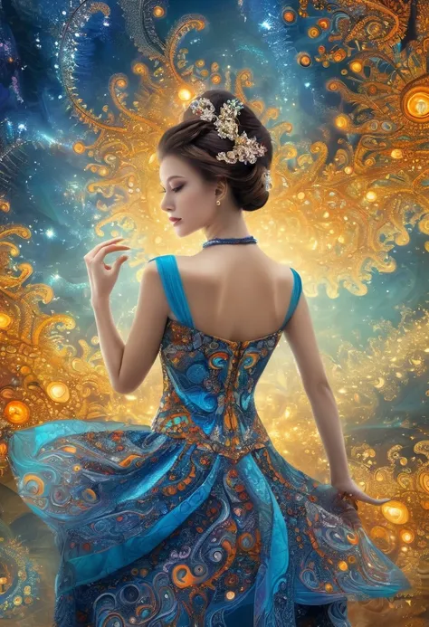  A beautiful young woman wearing a fractal-inspired dress, against a backdrop adorned with fractal elements., Filled with an atmosphere of mystery and fascination. The intricate fractal patterns on her clothing blend in with the fascinating fractal decorat...