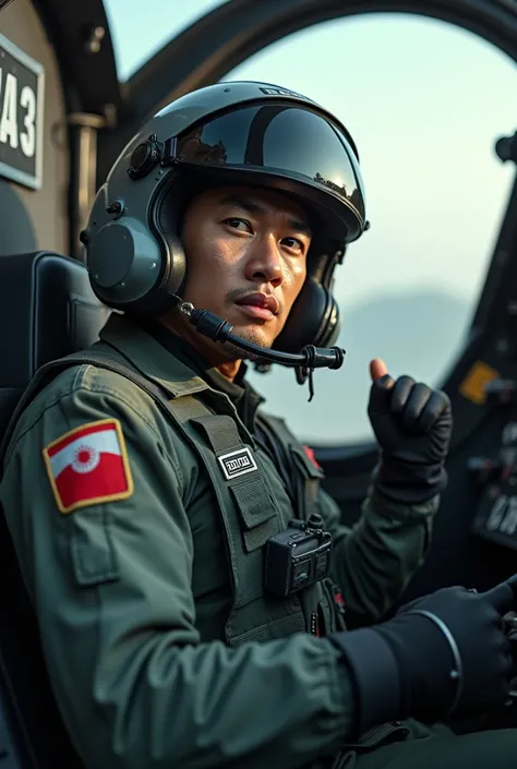 An Indonesian fighter jet pilot, 2, a man with a height of about 164 cm, inside the cockpit of an F-15E fighter jet, while raising his fist, HDR image quality, 32k, very detailed and detailed, high quality, The pilot wears a fighter jet suit with an Indone...