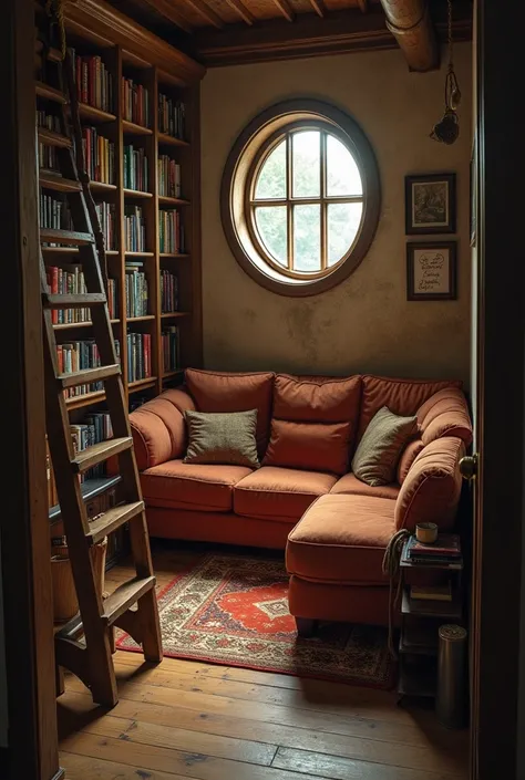 A secret room that has a way from the top of the room through a ladder that comes after pulling a rope and the small secret room should have a comfy couch all over and a books in the shelf with a round shape window