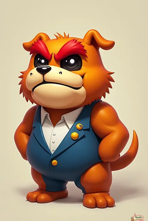 Dribble (warioware) orange buff bulldog, thick red eyesbrows, black eyes, flat ears, with blue suit