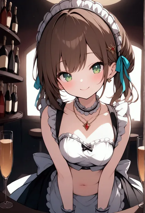 ((masterpiece、Best Quality)) cute、Princess、young、Green Eyes、Brown Hair、Medium Hairstyles、Big ribbon、smile、be happy、Red cheeks、Idol、Uniform、belly button、Maid、Small breasts、Embarrassing、necklace、liqueur、Champagne Tower、bar、counter、table