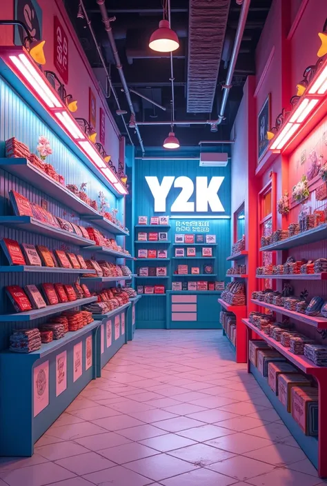 "A jeans shop with card holders decorated in a Y2K style, with a focus on blue, pink, red, and white. The interior of the shop has a bright atmosphere, using colorful signs and graffiti as decorations. The products are arranged neatly and eye-catching, cre...