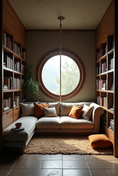 A secret room the way of that room is from the top of the room through a ladder that comes after pulling a rope and the small secret room should have a comfy couch all over and a books in the shelf with a round shape window