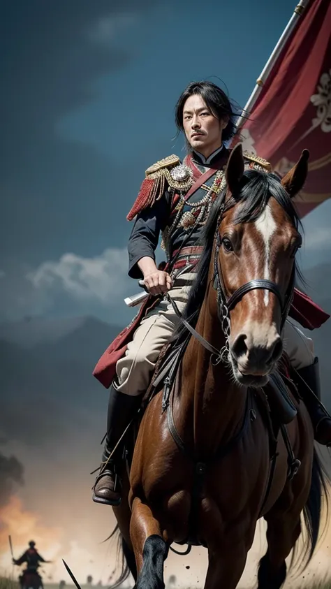 Oda Nobunaga on horseback in the middle of a battlefield, wearing traditional samurai armor. His soldiers march behind him as he leads them with unwavering determination.