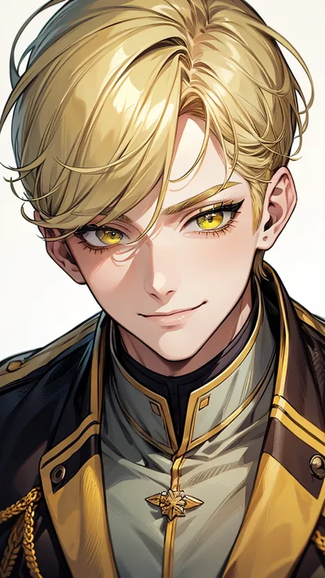 man 1、yellow shorthair, long yellow eyelashes、Handsome man with yellow eyebrows and yellow expressive eyes, smiling, green eyes、detailed background、military uniform