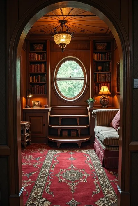 A secret room the way of that room is from the top of the room through a ladder that comes after pulling a rope and the small secret room should have a comfy carpet all over and a books in the shelf with a round shape window, a very small room