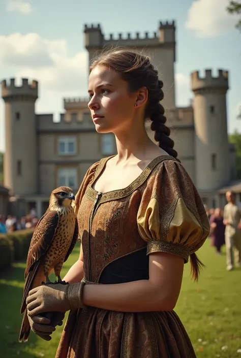 Die Daughter of a knight

Eine 14-jährige Adelige, Daughter of a knight. She wears a noble dress made of silk and wool, which is decorated with embroidery. Her hair is artfully braided, and she holds a falcon on her gloved hand, while she is in the castle ...