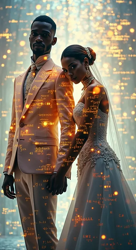 Holographic art | Portrait of a beautiful negra bride with her negro groom trocando alianças no casamento,  ambos com roupas formed by golden and purple glowing mathematical formula| Radiant, handwritten-style calculations | Photorealistic quality | Dramat...