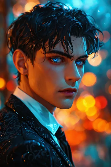 Male, vampir, black short hair, light blue eyes, thin but quite muscular body,wears a suit, Depth of field, Night, ,High resolution, high details, ernst,
