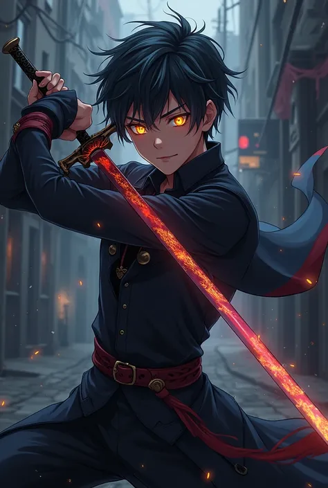 Anime sword handsome boy with golden rainbow eyes full body image black clotting 