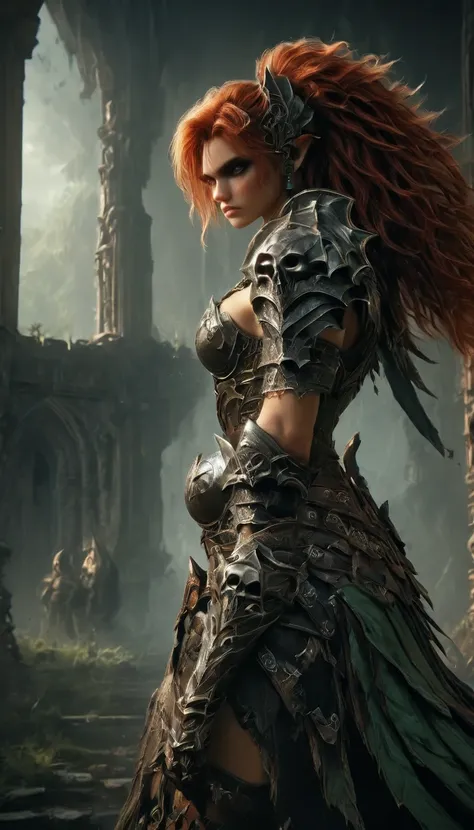 dark clouds, bloodmoon, lighting storm, lighting strikes,Full shot Photo of female Barbarian from diablo 2,extremely detailed and intrincate and sharp looking Champion two handed Lighting sword, Ver Long Red hair, wearing extremely intricate ornamented met...