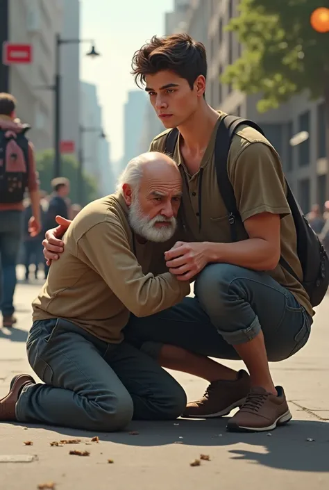 a young man helping all old man fallen