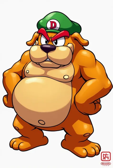 Dribble from Warioware, orange bulldog, thick red eyesbrows, black eyes, flat ears, green hat that has a red D on it, grown up, muscular 