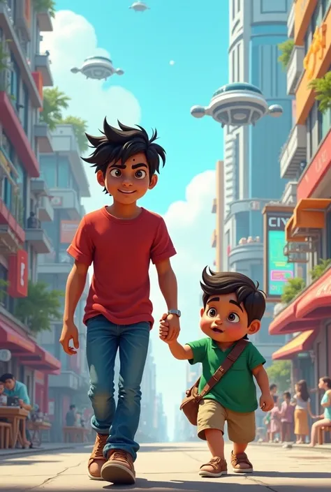 Raju and Golu in a Sci-Fi City: "In a futuristic city, Raju, the  with messy black hair, dark brown eyes, and a small scar on his left cheek, steps forward confidently, wearing his red T-shirt and blue jeans. Golu, his chubby friend with short brown hair, ...