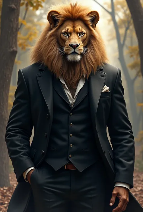 there is a man in a sleek, black suit and a worn , graphic artist magali villeneuve, a beautiful strong lion man, magali villeneuve, inspired by Magali Villeneuve, Male anthropomorphic lion, anthropomorphic lion, realistic fantasy artwork, by Cynthia Shepp...