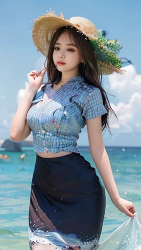 Please draw me some nautical art of a super beautiful girl with black hair and a beautiful straw hat.。Her hair is pitch black、Swaying gently under the straw hat、Fluttering in the sea breeze。Her hair shines brightly in the sunlight、It moves gently like ocea...