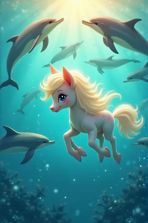 Pony in the water with dolphins 