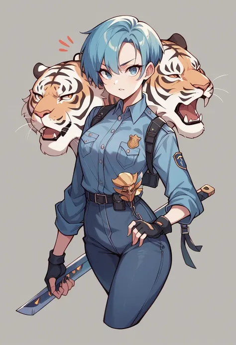 1 female、8 heads and slim body、police、Ultra short hair、Pixie Cut、Mechanical Sword、White Tiger　