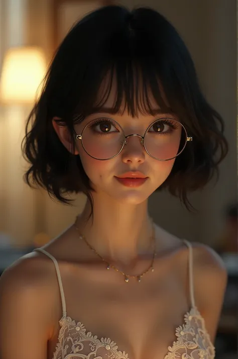 women with bob cut hair,wearing round glasses.cute wearing the first night dress..make tense