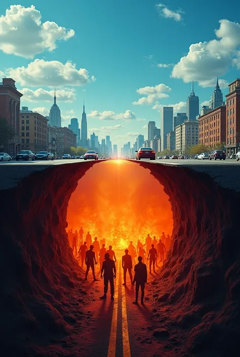 A photo of the upper world with the bright blue sky of New York and ordinary city life. Theres a road with cars and buildings on the horizon. Beneath the road, in the lower world, theres an orange hot hell with ghosts and zombies looking up. The two worlds...