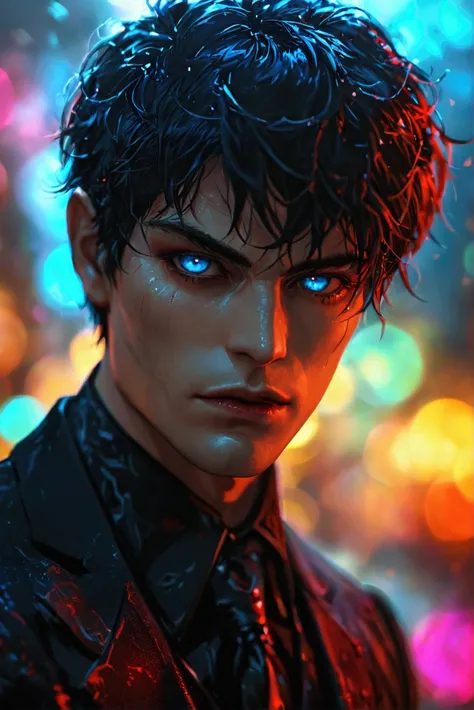 Male, vampir, black short hair, light blue eyes, thin but quite muscular body,wears a suit, Depth of field, Night, ,High resolution, high details, ernst,
