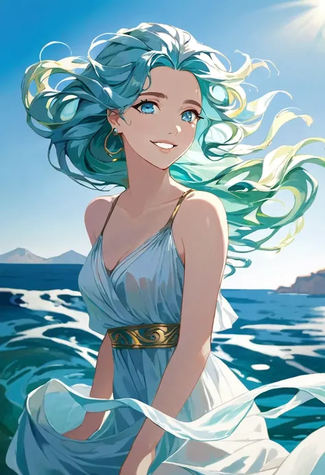 ((best quality)), ((masterpiece)), (detail), 1girl, girl with ice blue hair, emeral zambrut colored eyes, goddess of the sea, goddess of beauty, greek goddess, graceful woman, hair blowing in the wind, smiling sweetly, seascape background, hairpin, on the ...