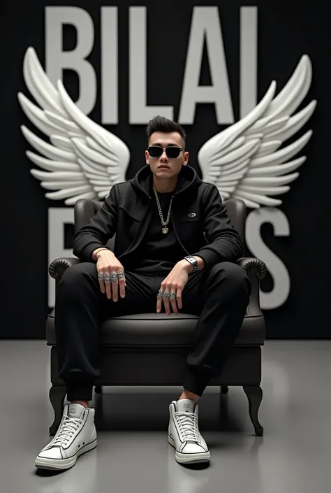 Create a 3d illusion where stylish in black jacket and he sits casually on a wingbeck chair and wear silverchain black and sliver ring white sneakers aur cargo pant and black sunglasses he looks ahead the background features " Bilal boss" In  big capital w...