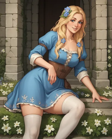 wh33z13, 1woman, long blonde hair, adult, wearing medieval dress, flowers on dress, flowers in hair, thigh-highs, smiling, background with medieval castle, big thighs, flower symbols on dress, blue dress