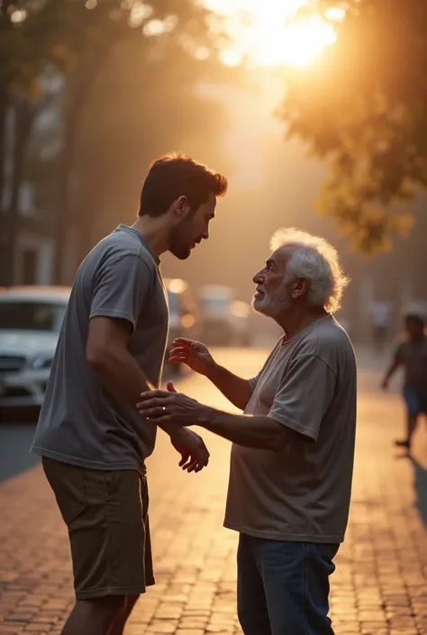 Back of young healthy man helping old fallen man