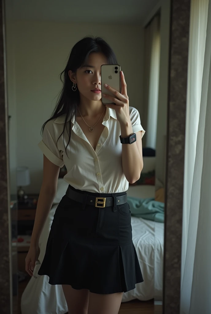 Prompt :

A Thai woman 1 pale skin wearing a soaked water and wetting water and fitting short-sleeved white blouse and a black A-line skirt in front of a mirror, capturing a selfie. The image quality is grainy, with a slight blur softening the details. The...