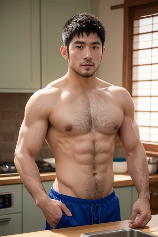 Japanese men　Completely naked　Naked　Shaved Head　Muscular body　Strong body　Rugby Player　Belly hair　chest hair　Belly hair　Hairy body　Working in the kitchen　Rear view　Butt