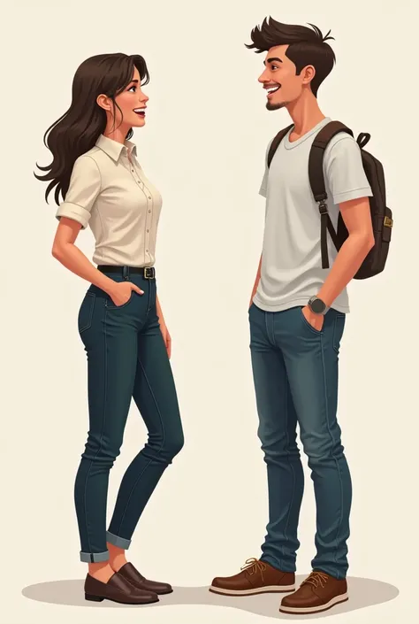 19 year old woman wearing neat clothes chatting with 1 man wearing casual clothes