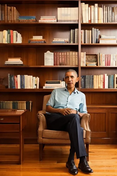 Barack Obama wearing pants sitting chair apartment bookshelves 