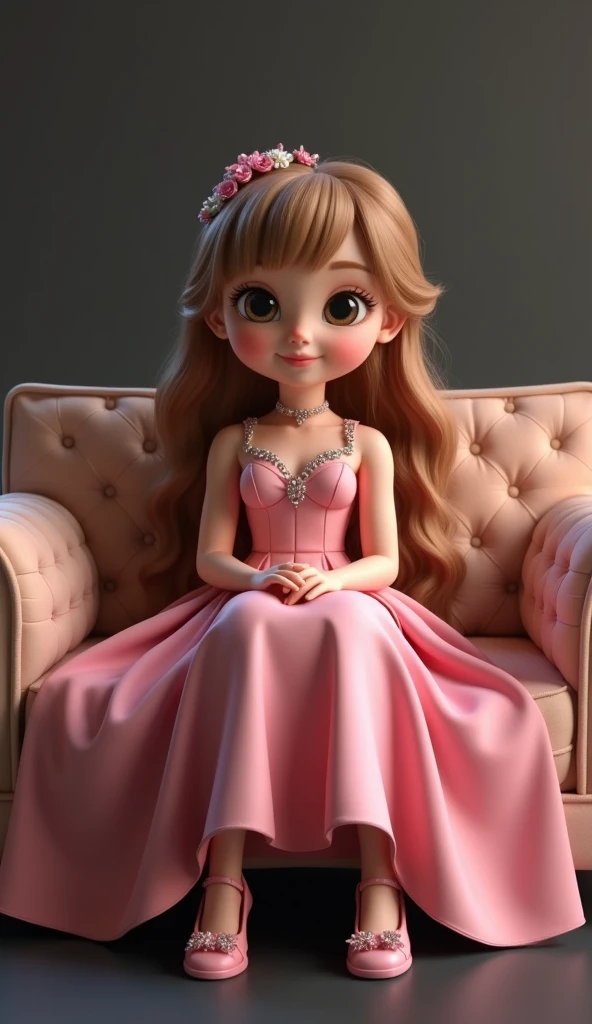 Cute Girl sitting on sofa full body and with full dress and full body . Cute, cool, A girl , The face looks like a Cute girl , Long Golden Brown hair,Straight bangs, Chubby cheeks, Big Breasts,  lip , Luxurious dress, pink dress , Flared skirt , high-heels...