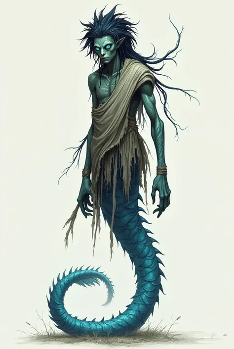 A skinny monster with a humanoid build, Instead of legs, he has a long, snake-like sea tail with scales and fins, he is dressed in a torn rag, the very being of blue and light blue shades, he has four bright blue eyes and black hair