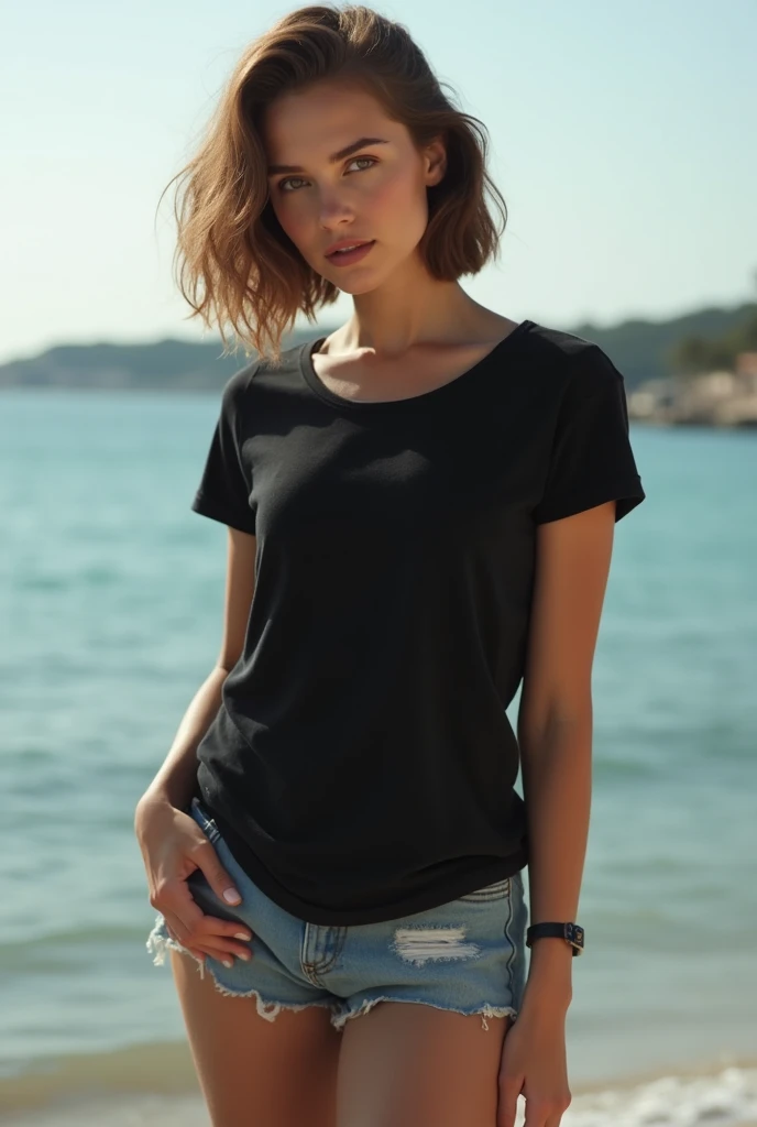 slender young woman, Alicia Vikander, comfortable, breast grabbing, leaning forward, black t-shirt and denim shorts, black t-shirt, sfw, Covered chest, low rise shorts, wide gap between thighs, slim hips, short brown wavy hair, beautiful face, sensual lips...