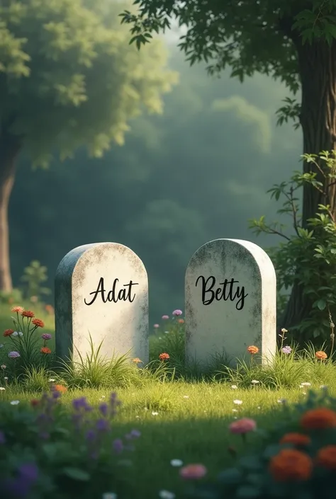 A 2 lovers graves with names in the one Adat and in the other Betty in a peace full place 