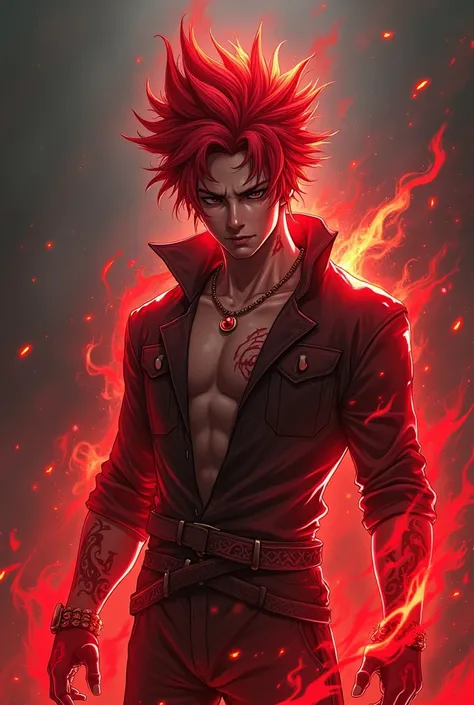 Cool anime guy is a demon boy with red flames and glowing powers.