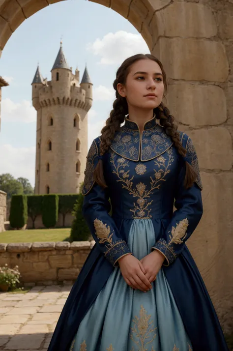 A Knights Daughter A 1 noblewoman, daughter of a knight. She wears a fine dress of silk and wool decorated with embroidery. Her hair is intricately braided and she holds a falcon on her gloved hand as she stands in the castle gardens. The castle in the bac...