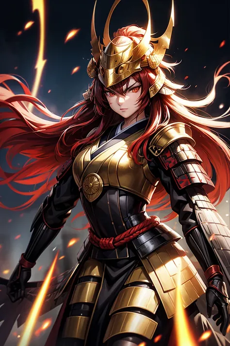 wearing armor One adult female, wearing light armor, wearing black kimono, Long Hair, red hair, golden Eyes, snake pupils, Light makeup, intense anger, tite waist, full body, big hair, hair over eye, anime, cinematic lighting, cowboy shot, UHD, retina, mas...