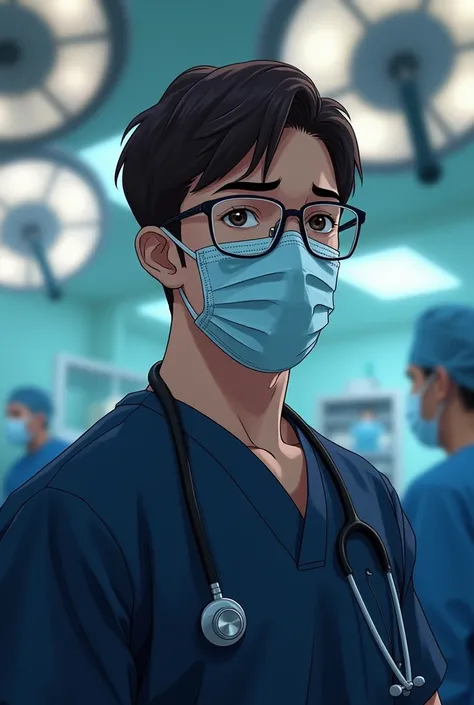 (book cover)A young man with dark brown hair styled in a belah tengah, exuding charm and sophistication, .He stands in a surgical ward dressed in dark blue scrubs and a surgical mask covering the lower half of his face, underscoring his seriousness in medi...