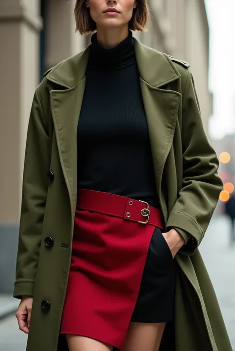 A weight 63 kg height is 4 feet 10 inch,who were black high neck and black pant mini skirt is deep red colour and over coat is meant green colour 
