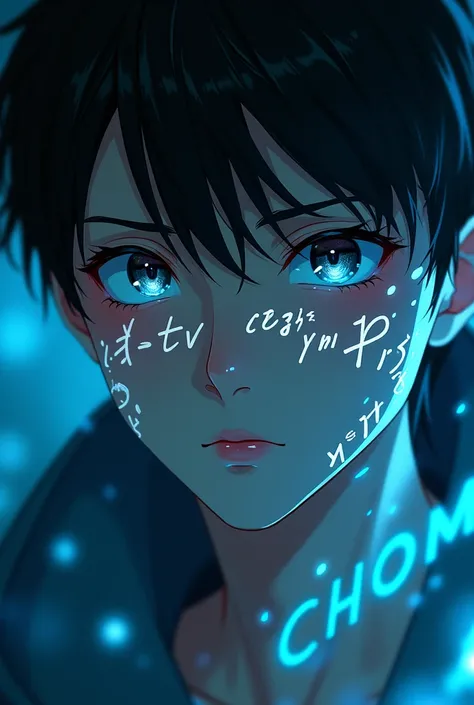 close up of a manhua boy, face, glowing blue holographic equations projected onto the skin. intense gaze, Realistic resources. darkness background, cyberpunk aesthetic. Luminous mathematical formulas, handwritten style. futurist, High-tech atmosphere. Phot...