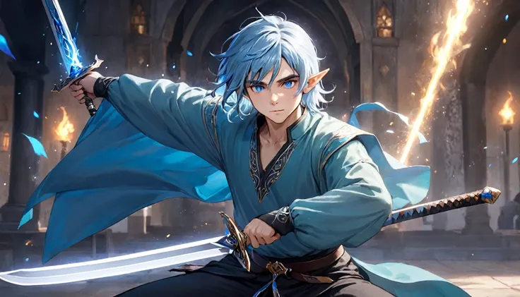 Male adult half elf with tan skin, blue eyes, messy silver hair, in a long sleeve tunic with harem pants training with a swords and using magic