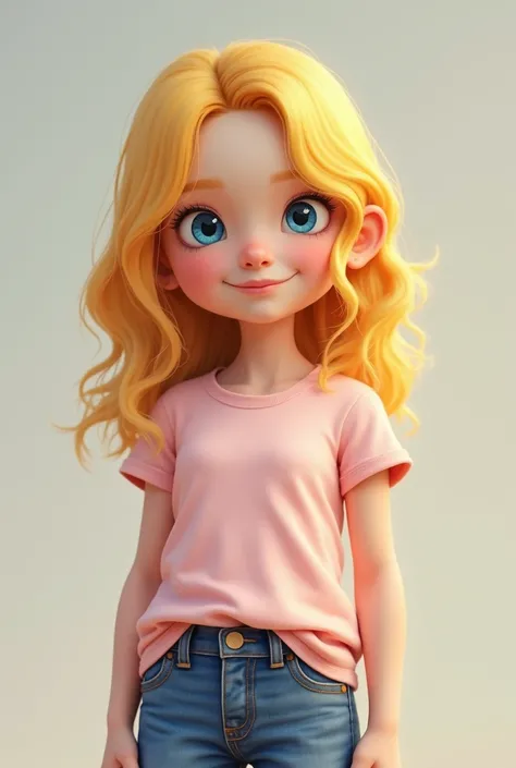 1 girl with yellow hair and blue eyes. Her clothes are a pink T-shirt and blue pants..