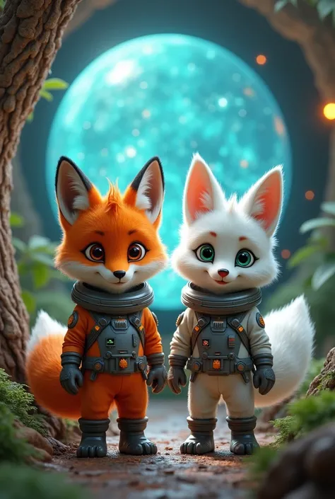 The interior of a futuristic treehouse, with advanced technology visible. A holographic map of the galaxy is projected in the air.  An adorable, anthropomorphic orange fox with large, expressive brown eyes and fluffy fur. He has a cheerful and curious expr...