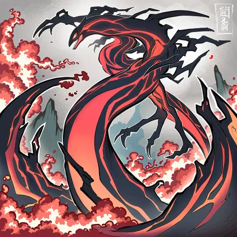 Pokemon Yveltal with red glowing-red black and gray color palette in chinese ink painting art style