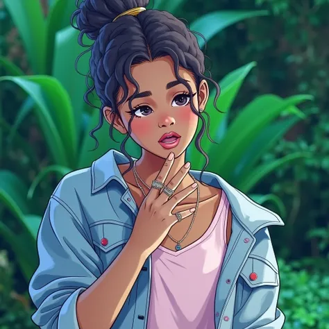 An 1 mixed race girl with coffee colored skin, curly hair, a bun, hair that falls back, pink top and denim jacket. Bagues au doigts chante. Green plants and lights in the background 